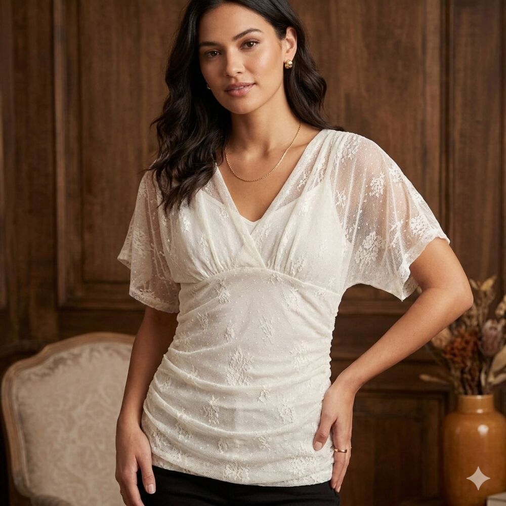 Intuitions Lace Top Medium Ivory White Mesh Ruched V-Neck Flutter Sleeve Boho M
